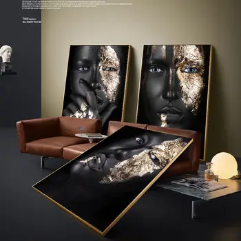 AHPAINTING אמנות אפריקאית הזהב השחור אישה פוסטר פנים יפות בד ציור הקיר תמונה בסלון עיצוב הבית אין מסגרת