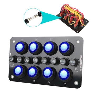 On/off כחול LED אור מפסק תחליף נתיך בעל כפתור נדנדה מפסקים בלוח 8Gang 12~24V עמיד למים