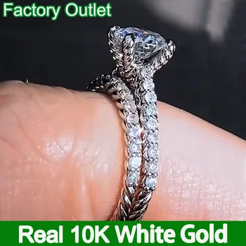 אמיתי 10K זהב לבן סטי כלה הטבעת נשים אירוסין מסיבת הנישואין טבעת טבעת עגול Moissanite יהלום מקל גפן