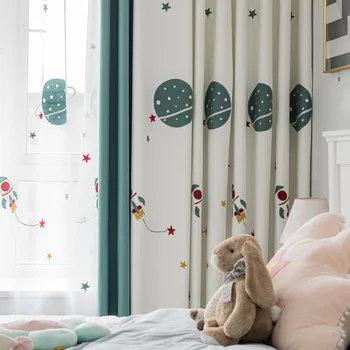 החלל החיצון קריקטורה ילד וילונות חיים חדר אוכל חדר השינה בצבע בז ' לבן רקום ילדים קישוט מותאם אישית