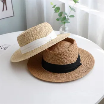 חדש למבוגרים נשים מזדמנים כובע קש רפיה כובע השמש הסרט מגבעת שטוחה ספורט קרם הגנה כובע Gorros