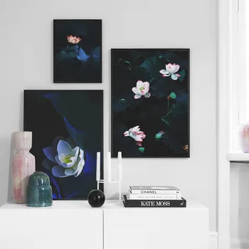 כהה פרח לוטוס פוסטר קיר אמנות בד הציור נורדי שיק תמונות עבור הסלון חדר השינה אופנה עיצוב הבית המודרני