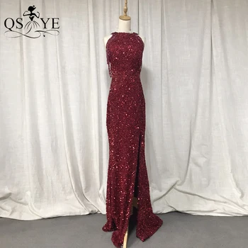 נצנצים בורגנדי נצנצים שמלות לנשף הלטר צוואר חרוזים רצועות שמלת ערב סקסית פיצול רוכסן לנשים אדום כהה לבוש רשמי 2023