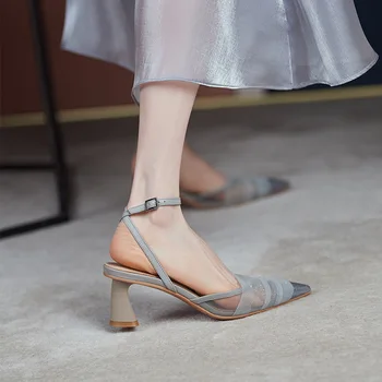 2022 הקיץ אישה נעליים גבוהות העקב עבה הבוהן מחודד רצועת קרסול משאבות Mesh בד Slingbacks נעליים