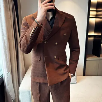 2023New אופנה כל-התאמה (חליפה + המערבית מכנסיים) גברים חליפת עסקים נאה כפול עם חזה פנאי חליפת שני חלקים סט מ-4XL