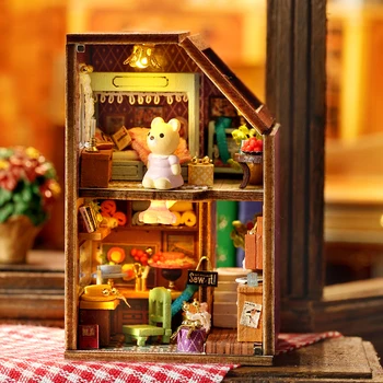 CUTEBEE DIY בית בובות מיניאטורי ערכת מתנה רעיונות עם ריהוט אור ארנב חמוד בית עץ מלאכות צעצועים מתנות יום הולדת