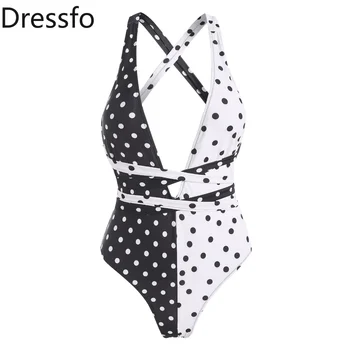 Dressfo שני טון שחור לבן פולקה דוט טלאים בגדי ים ללא משענת קריס קרוס חלק אחד של בגדי נשים בגד ים ביקיני Beachwear