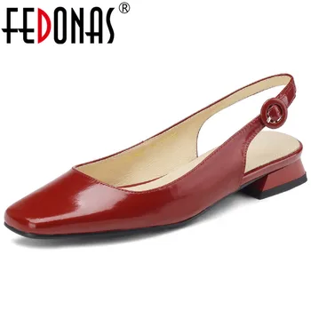 FEDONAS 2023 נשים משאבות אביב קיץ משרד גבירותיי מזדמנים עור אמיתי עקבים נמוכים בוהן מרובע Slingbacks סנדלים נעלי אישה