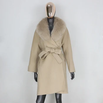 FURBELIEVE 2020 אמיתי פרווה מעיל חורף מעיל נשים רופף טבעי פרוות שועל צווארון צמר קשמיר גוונים הלבשה עליונה החגורה אופנת רחוב