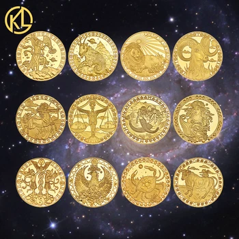 KL 12pcs שנים עשר מזלות הזודיאק מצופה זהב מטבעות אספנות להגדיר אתגר מטבע יצירתי מתנה Dropshipping