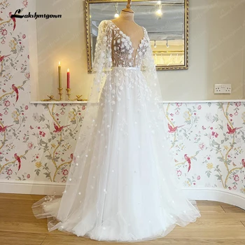 Lakshmigown Vestido נוביה בתוספת גודל שמלת החתונה עם כובע פרחים תחרה לבן חתונת כלה שמלות vestidos פארא casamento