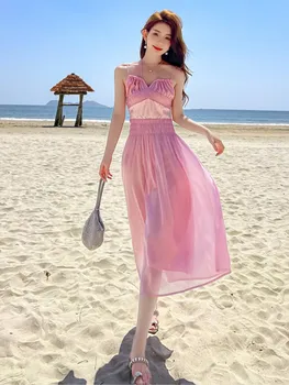 Lolibook נשים קיץ רצועת חג סקסי שמלת קיץ נקבה ללא משענת גבוהה המותניים קו החוף להתלבש הגברת ורוד Midi שמלה אלגנטית