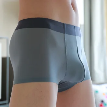 Mens קרח משי חלקה בוקסר תחתוני גבר באמצע שנות המותניים סקסי לנשימה דק תחתוני בוקסר זכר 3D כיס תחתונים