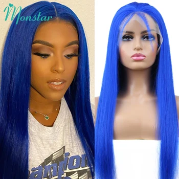 Monstar בצבע כחול ישר אדם שיער פאה 13X4 תחרה הפאה הקדמית שלפני קטף רמי ברזילאי גוף גל פאה הקדמי של תחרה לנשים