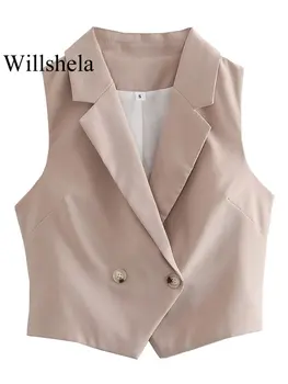 Willshela נשים אופנה חאקי כפול עם חזה גופיות Waistcoats בציר מחורצים הצוואר שרוולים נשי אופנתי ליידי האפוד