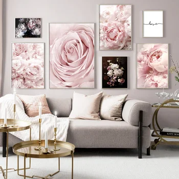 אמנות קיר קנבס ציור פרחים ורודים רוז אדמונית מינימליזם ציטוטים נורדי פוסטרים, הדפסת תמונות קיר הסלון עיצוב