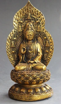 ברונזה קישוט טהור פליז ערך טוב מזל סינית בודהיזם ברונזה מוזהב לוטוס מושב קואן-ין גואן יין אלה פסל בודהה