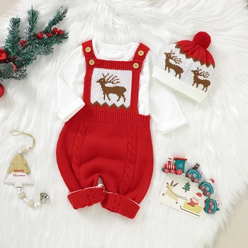 החורף תינוק חג המולד Rompers כובעים בגדים אדומים אייל סרוגים היילוד בנים בנות סרבלים תלבושות 2pcs התינוק יוניסקס הסרבל.