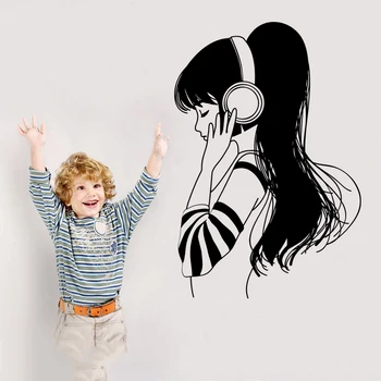 המודרני, די. ג ' יי בחורה מוסיקה אוזניות מדבקת קיר לחדר ילדים משחקים נערת יופי ליהנות המאזין אוזניות קיר מדבקות השינה ויניל דקו