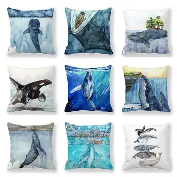 חדר השינה הספה בסלון קישוט מבד בצבעי מים לוויתן כרית כיסוי אוקיינוס כחול הים דגים קישוט מבד