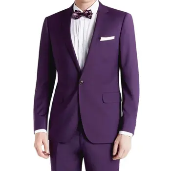 חם מכירה האחרונה מותאם סגול מחורצים דש לחצן יחיד 2 חלקים גברים, חליפות חתן חתונה רשמית עסקים Slim Fit ללבוש.