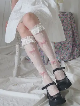 יפן סגנון Kawaii חמוד גרביים Bowknot הברך סקסי רשת גרבוני רשת JK לוליטה המתוקה בנות תחרה קפלים קפלים גרביים ארוכות