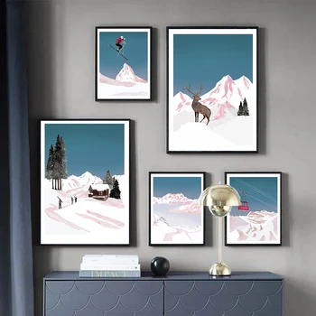 להתאמה אישית מופשט תמונה בסלון הבית בחורף שלג הר צבי סקי נורדי פוסטר הדפסת אמנות קיר בד הציור