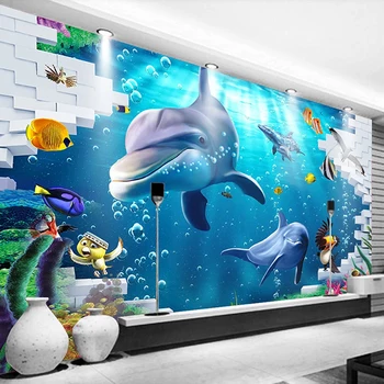 מותאם אישית כחול העולם מתחת למים דולפין כריש דגים אלמוגים 3D תמונות טפט לילדים, חדר השינה, הסלון בטלוויזיה רקע תפאורה