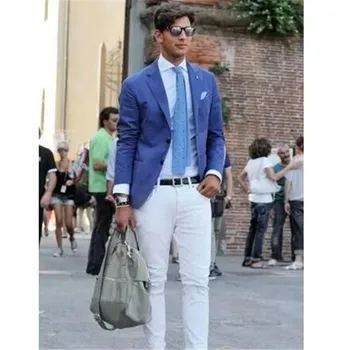 מזדמן אופנתי מעיל כחול עם לבן מכנסי חליפות גברים לחתונה 2Pieces(ז ' קט+מכנסיים+עניבה) סלים Terno Masculino החתן דש בלייזר