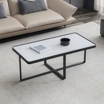 מינימליזם מלבן שולחן קפה\ שחור מסגרת מתכת עם Sintered אבן שולחן שחור Sintered אבן [לנו במלאי]