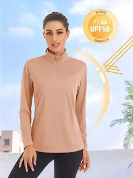 נשים UPF 50 החולצה 1/4 רוכסן עם שרוולים ארוכים, קרם הגנה, חולצה משקל קט ייבוש מהיר החולצה