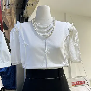 סגנון קוריאני 2023 הקיץ חרוזים Bowknot צוואר עגול חופשי כל-להתאים חולצה שרוול קצר לנשים מזג הרזיה העליון