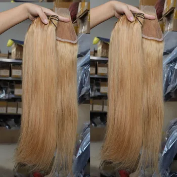 סיטונאי בתולה ברזילאי שיער אנושי חבילות עם תחרה סגר משי ישר זהב בלונדינית #27 צבע שיער אריגה אריגה שתי וערב