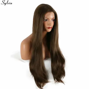 סילביה חום טבעי פאות שיער ארוך ישר Glueless עמיד בפני חום סיבים סינטטי פאה הקדמי של תחרה לנשים שחורות 20-26