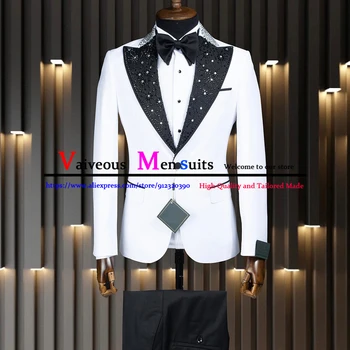 פאר חרוזים שחורים דש חתונה, חליפות לגברים Slim Fit גברים לבנים חליפה 2 חתיכה רשמית החתן חליפות בלייזר סטים Terno Masculino