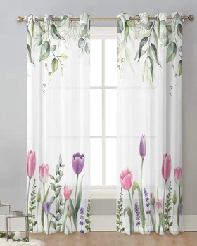 פסחא צבעוני באביב פרחים צמח ואל תלוי וילון לסלון וילון טהור עיצוב הבית וילונות משי גזה חלון לוחות