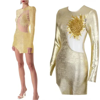קריסטל חרוזים זהב שמלת ערב סקסי מיני קצר רשת החדרת שמלות לנשף בתולת ים מפורסמים קוקטיילים מיוחדים שמלת