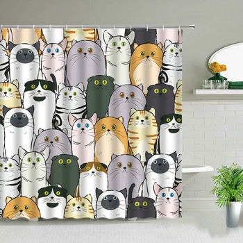 קריקטורה חתול וכלב להדפיס את וילון המקלחת של בעלי חיים חמודים דוב פוליאסטר עמיד למים וילון אמבטיה אמבטיה קישוט עם קרס