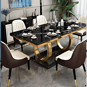 רוק לוח שולחן אוכל מלבני פשוט אור יוקרה נירוסטה שולחן האוכל והכיסאות וילה יוקרתית רהיטים
