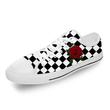 שחור ולבן ריבועים רוז פרח לבן בד אופנה 3D הדפסה נמוכה העליונה נעלי בד גברים, נשים, קל משקל לנשימה נעלי ספורט