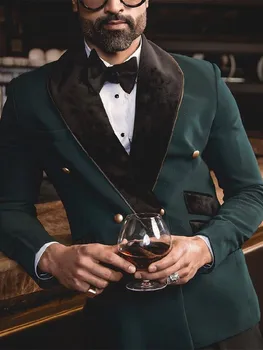 תחפושת Homme Men' s חליפה 2 חלקים ירוק בלייזר מכנסיים שחורים כפתור אחד קטיפה העצום דש עסקי האופנה המודרנית החתונה החתן.